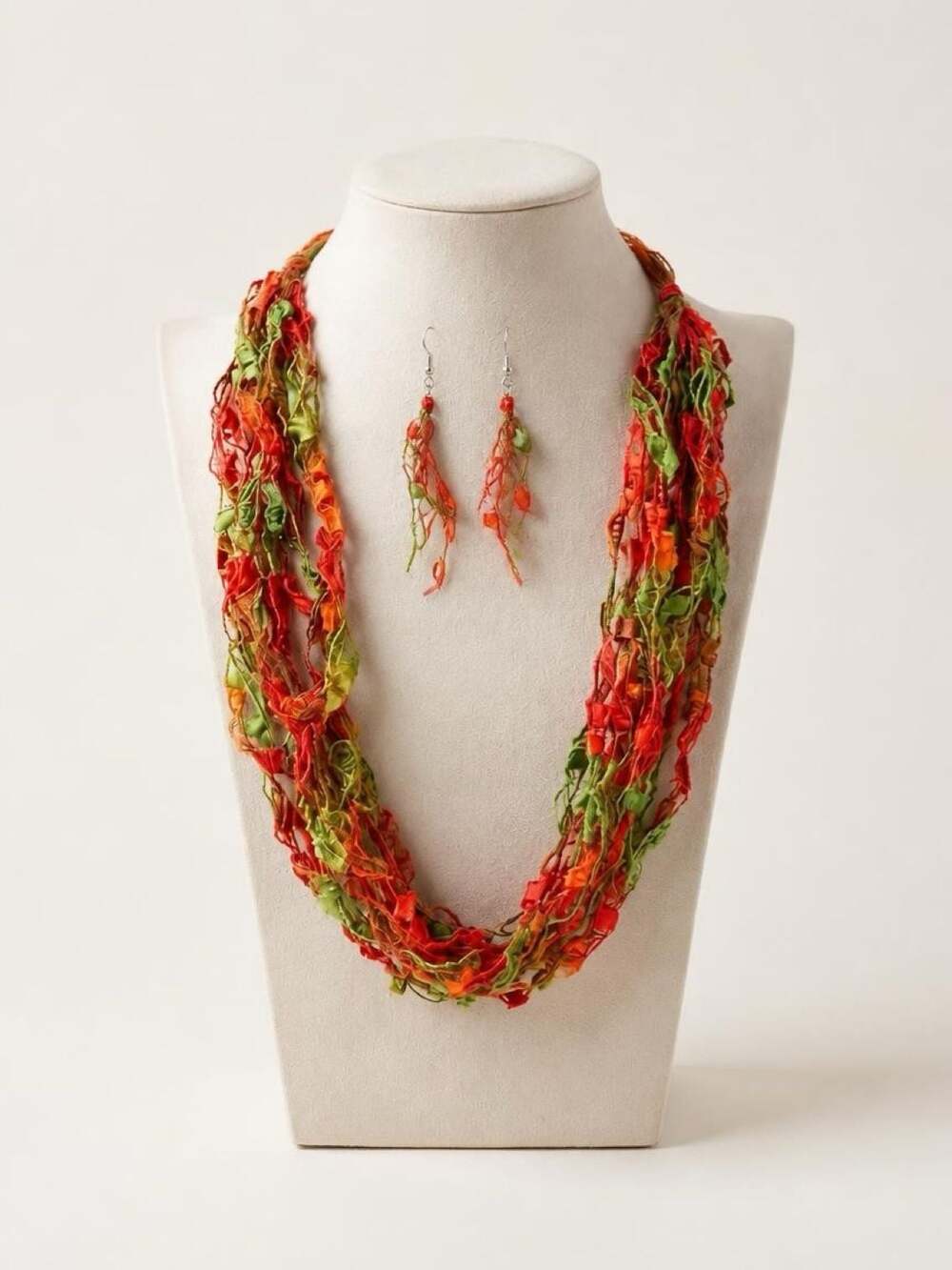 Artisan Multicolor Yarn Scarf Necklace and Earring Set with Magnetic Closure